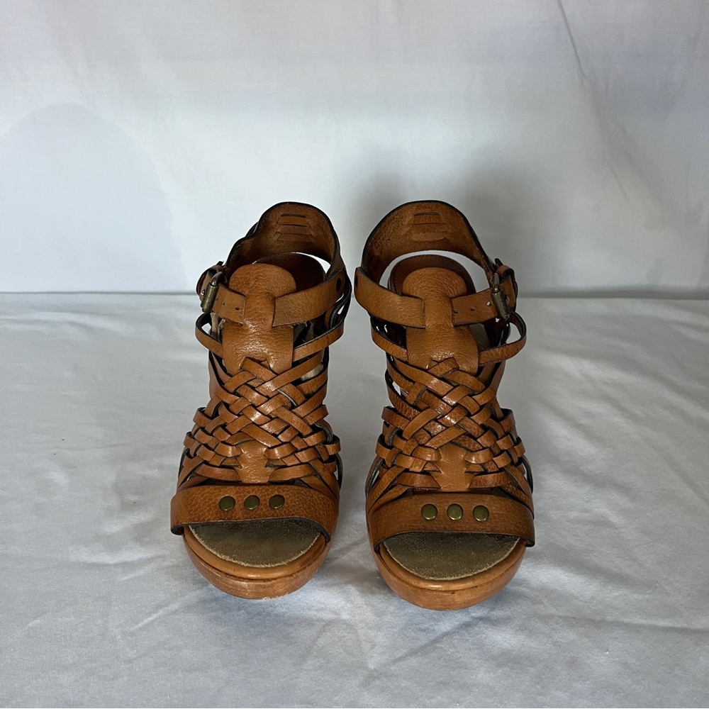 Women's Michael Kors Tan Woven leather with wooden sole sandals